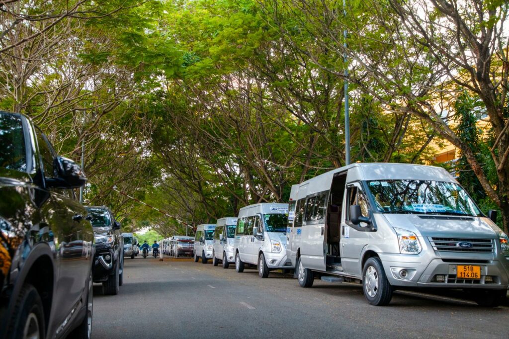 City street scene with parked vehicles beneath a lush green canopy, showcasing urban life in summer.