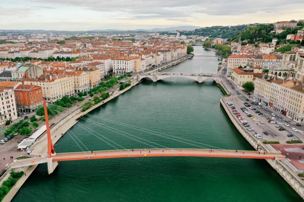 pexels photo 8430275 A scenic aerial view of Lyon, France featuring Saone River and iconic bridges.